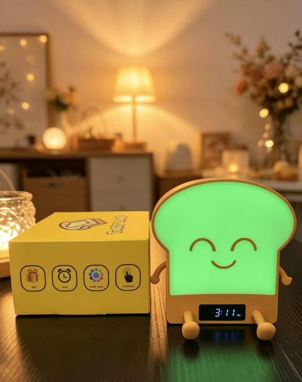 Toast Lamp – Cute RGB Night Light with Clock, Touch Control, Multi-Color LED