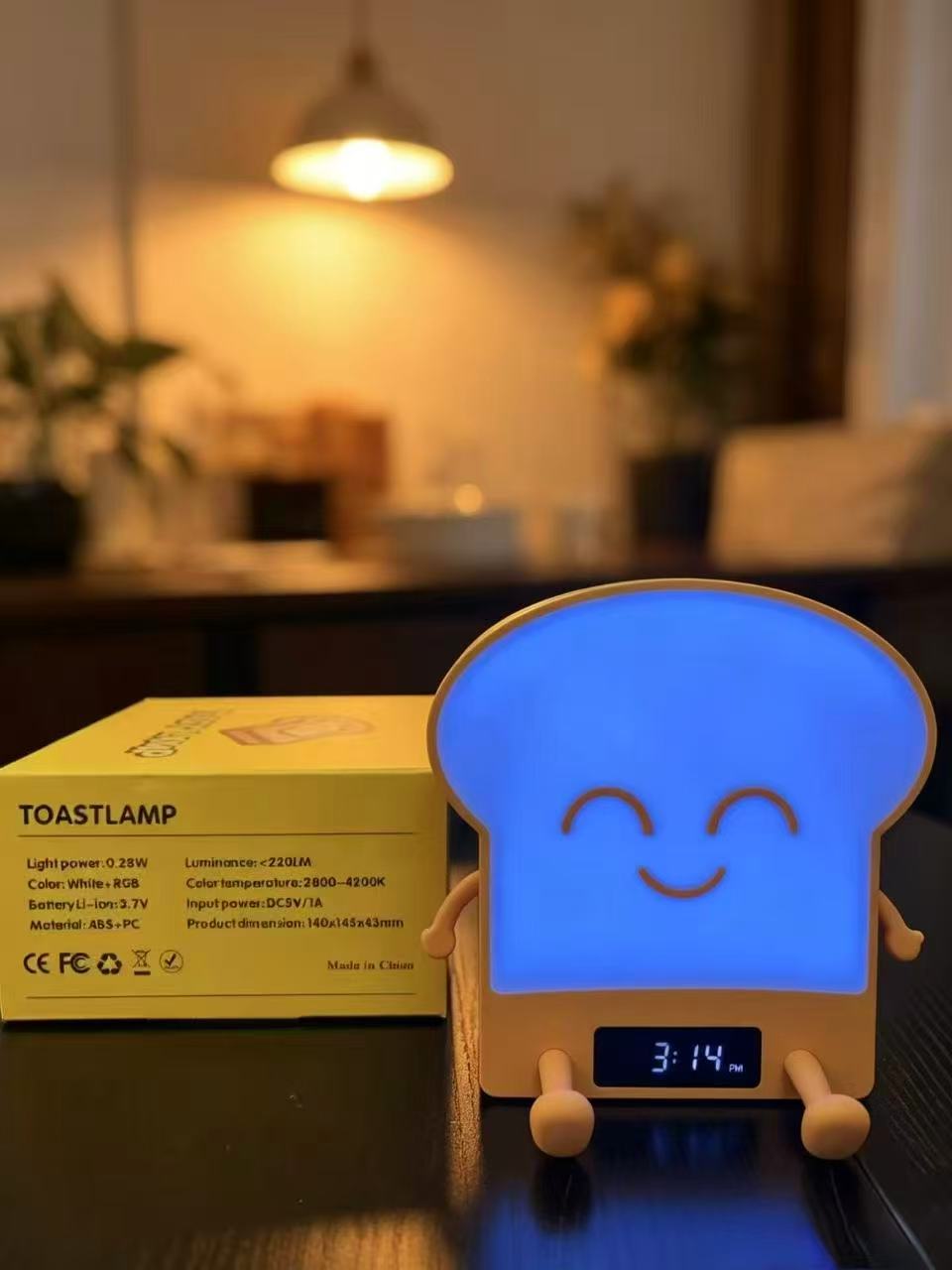 Toast Lamp – Cute RGB Night Light with Clock, Touch Control, Multi-Color LED