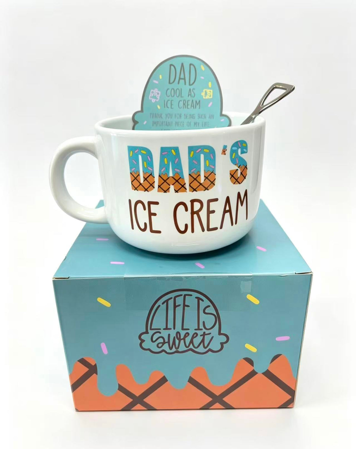Dad's Ice Cream Mug Gift Set – Ceramic Bowl with Shovel Spoon & Gift Box