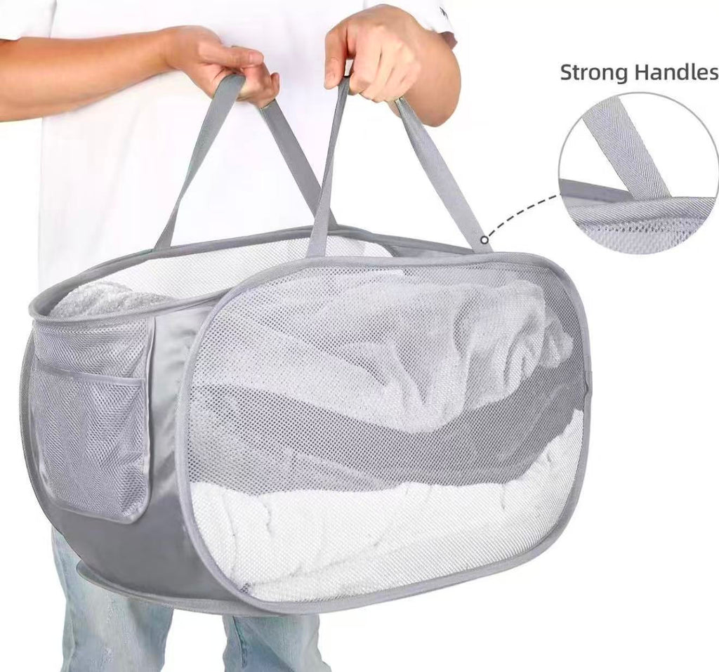 Durable Collapsible Laundry Basket with Side Pocket & Carry Handles