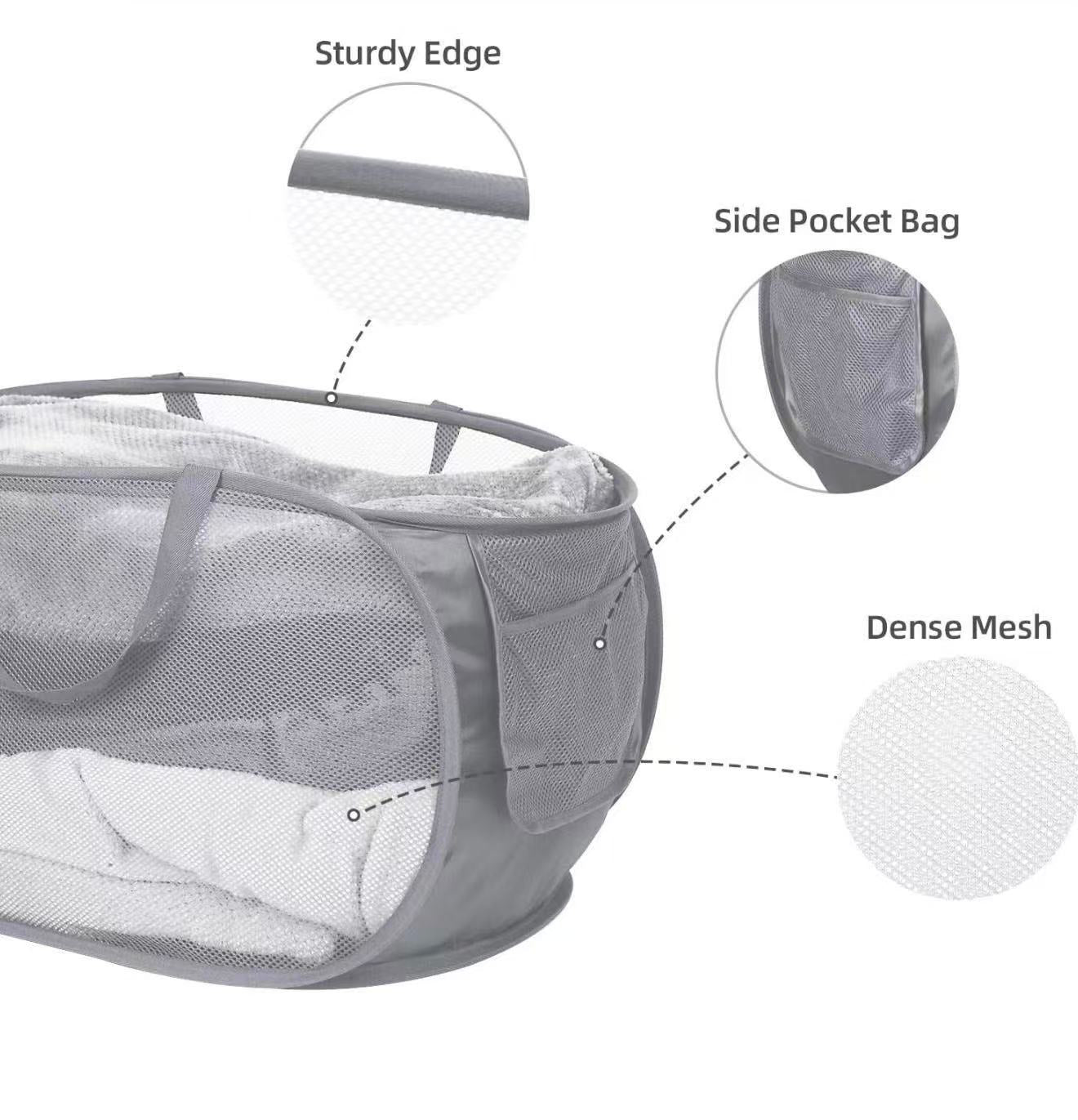 Durable Collapsible Laundry Basket with Side Pocket & Carry Handles