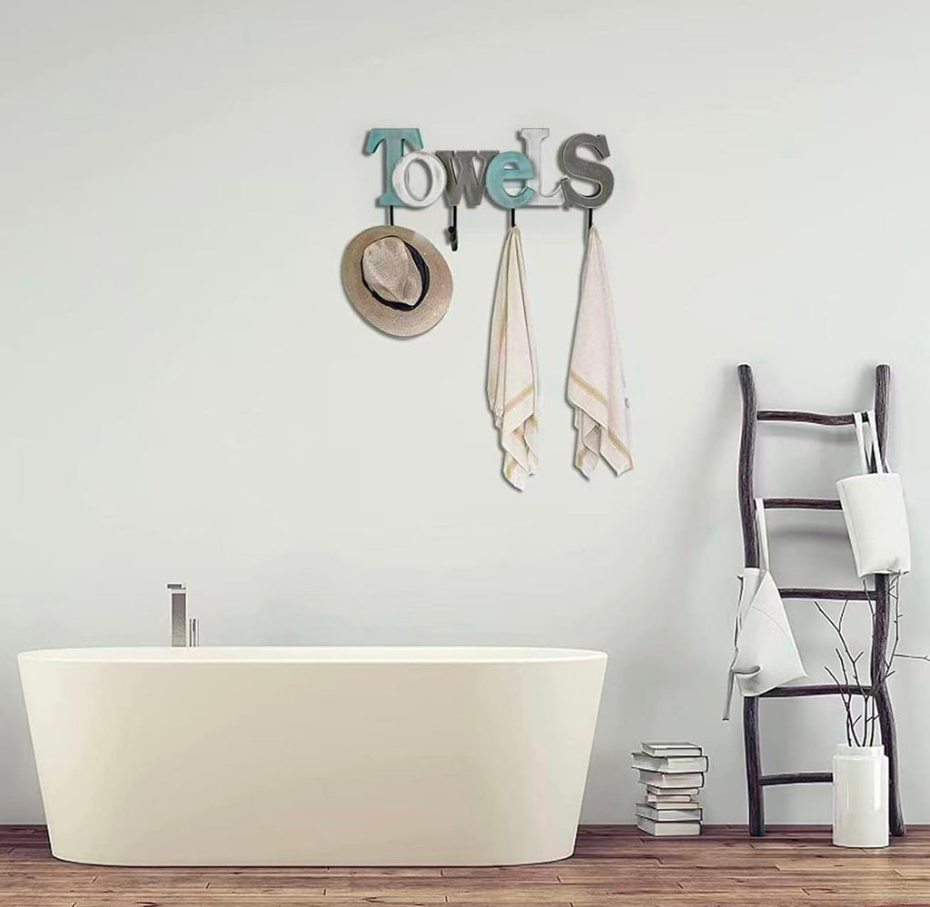 Wall-Mounted Wooden "Towel" Sign with Hooks – Bathroom Towel Rack