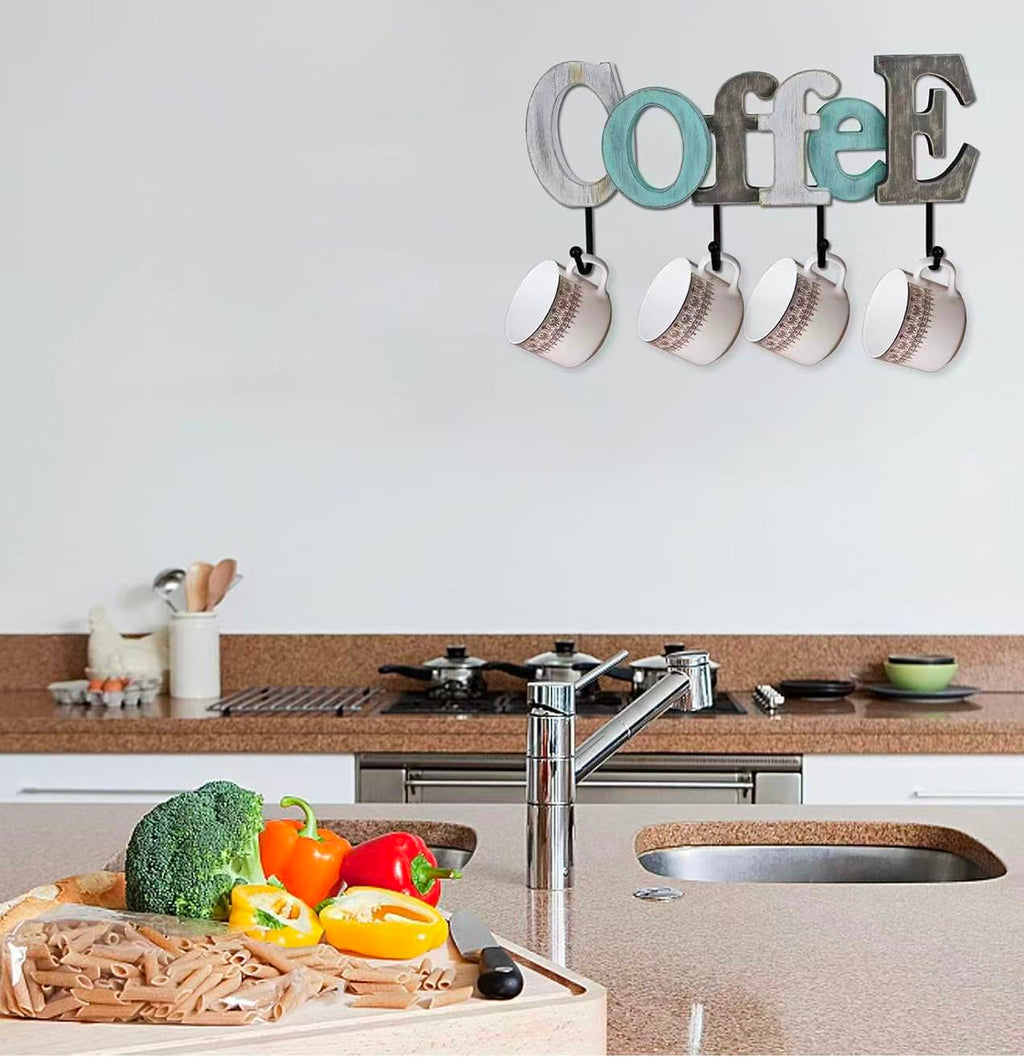 Wooden Coffee Sign with Wall-Mounted Hooks