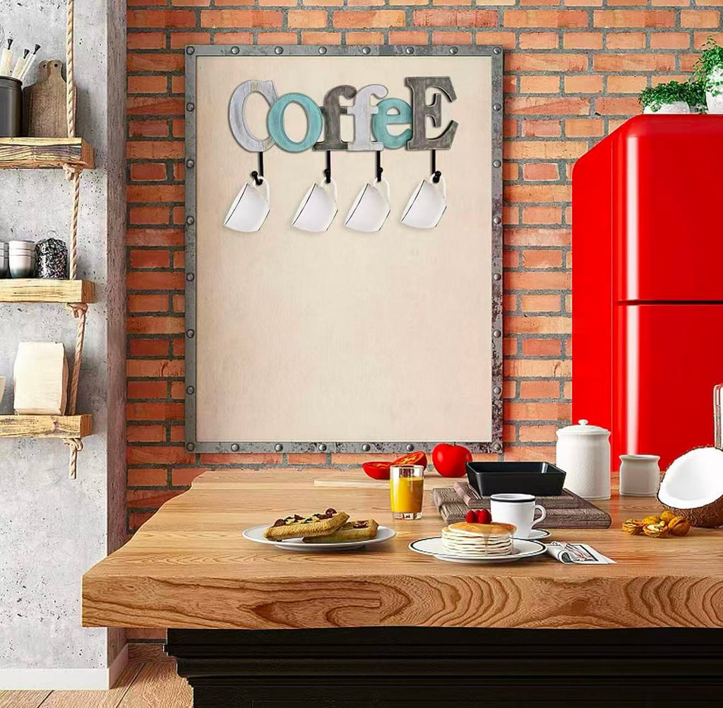 Wooden Coffee Sign with Wall-Mounted Hooks