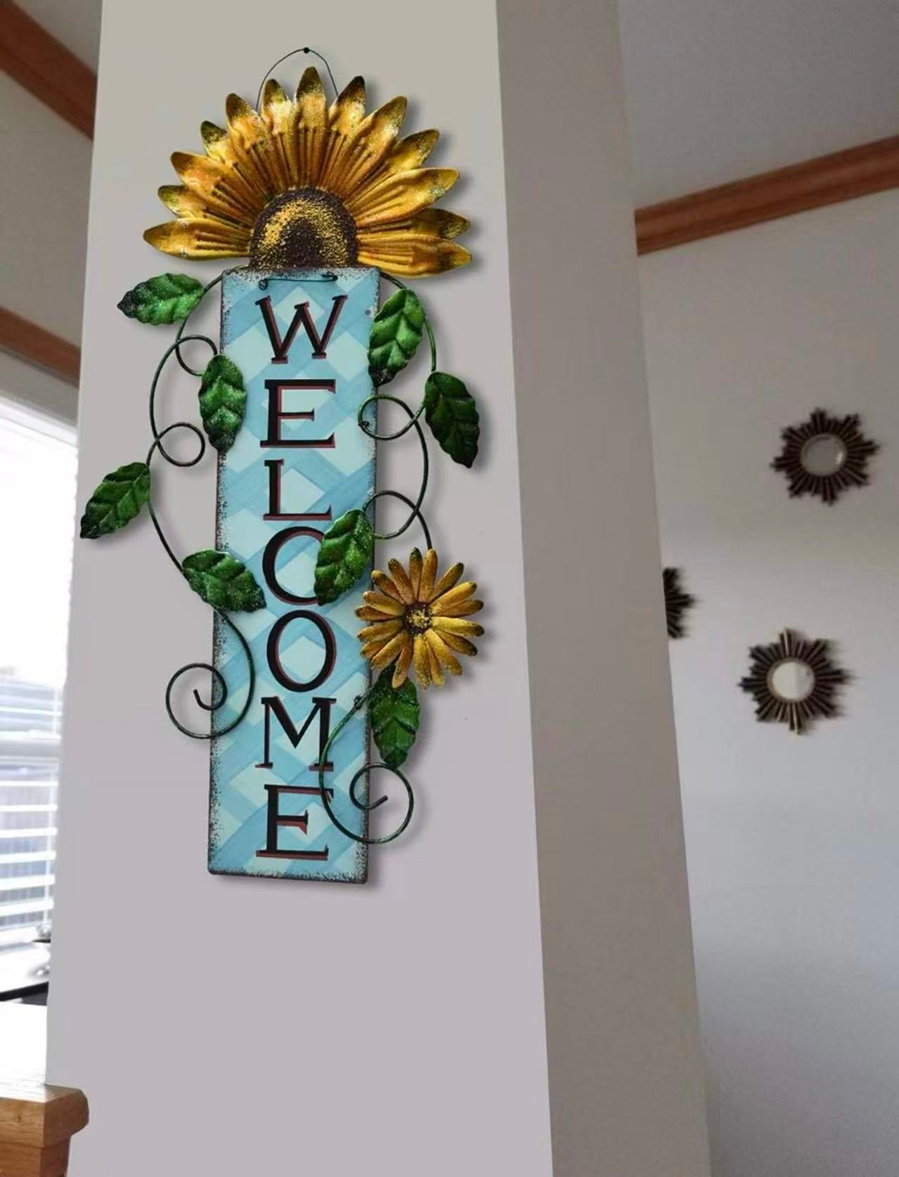 Metal Flower Welcome Sign – Hanging Wall Art for Front Door, Patio, Garden, or Porch Decor 15.25" x 8.5", （Blue)