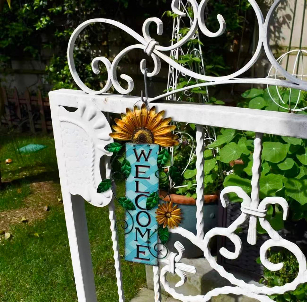 Metal Flower Welcome Sign – Hanging Wall Art for Front Door, Patio, Garden, or Porch Decor 15.25" x 8.5", （Blue)