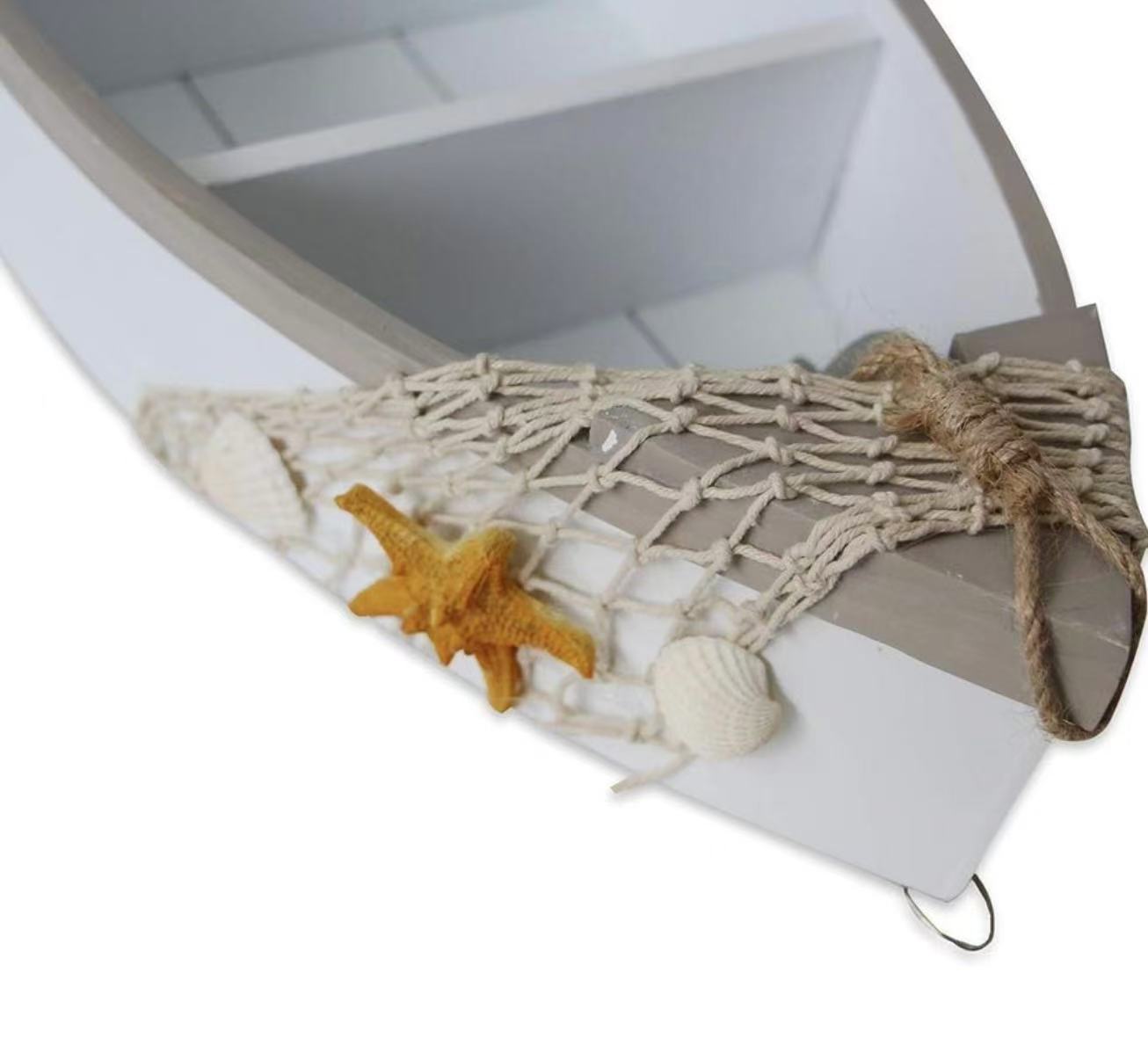 Wooden Boat Shelf – 16.5" Standing Display with Fish Net, Starfish, and Seashell Accents. White Beach Nautical Theme Decor