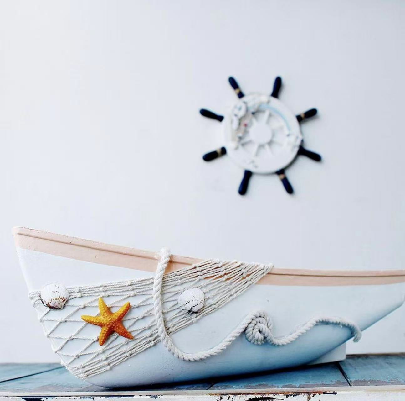 Wooden Boat Tray Decor –17"L Canoe Tray with Fish Net, Starfish, and Seashell Accents. White Beach Nautical Theme.