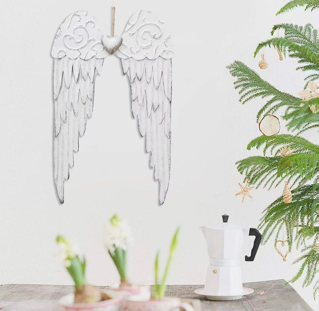 Angel Wings Wall Decor: Antique Metal Wings with Heart, Decorative Sculpture for Indoor/Outdoor Use (Bedroom, Living Room, Garden).