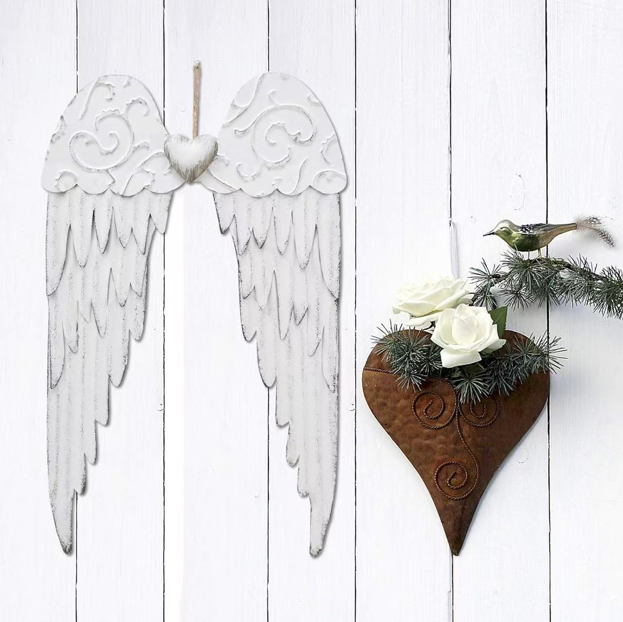 Angel Wings Wall Decor: Antique Metal Wings with Heart, Decorative Sculpture for Indoor/Outdoor Use (Bedroom, Living Room, Garden).