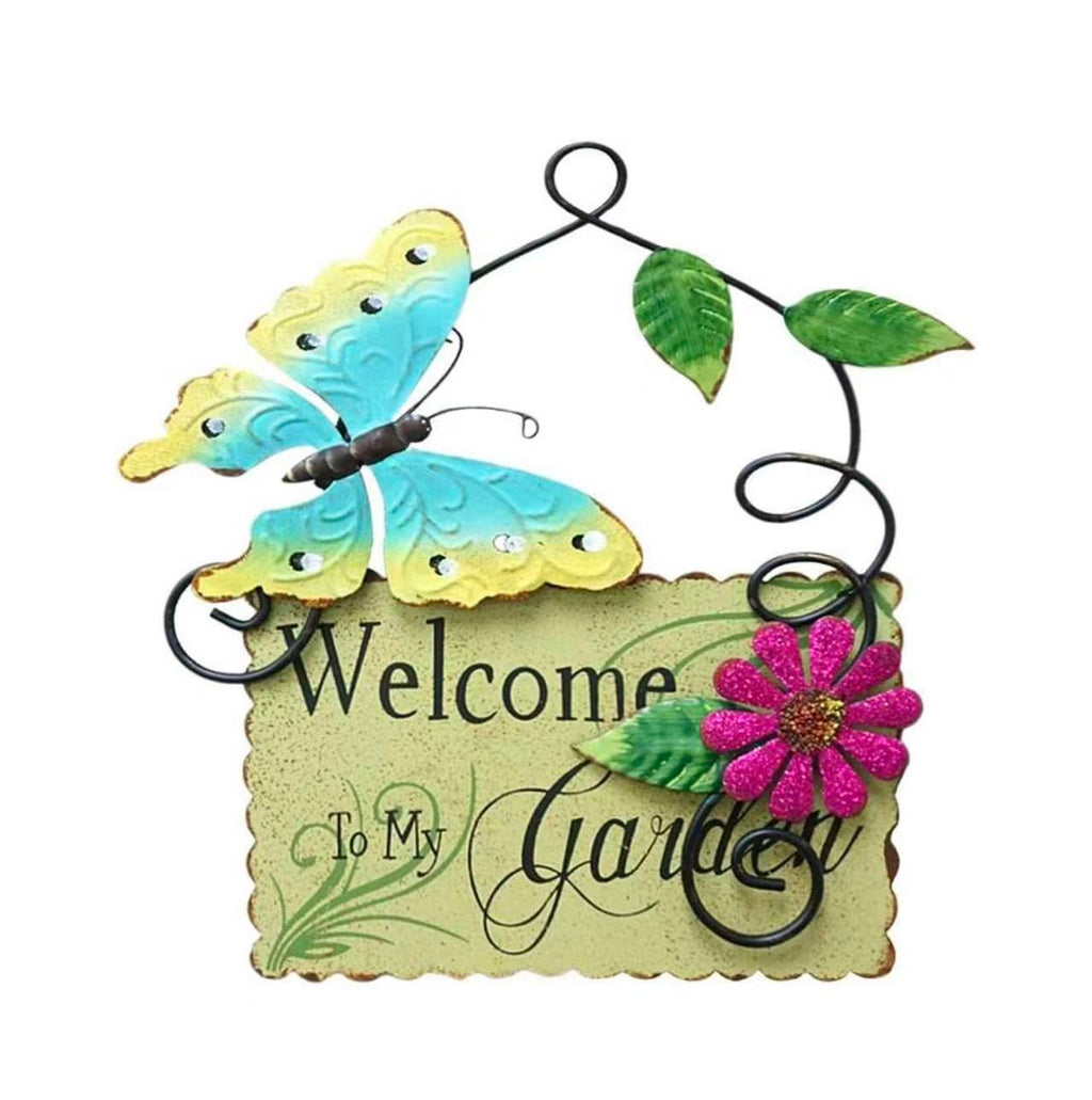 Metal Garden Welcome Sign: Features butterfly decor, perfect for outdoor garden and yard decoration.