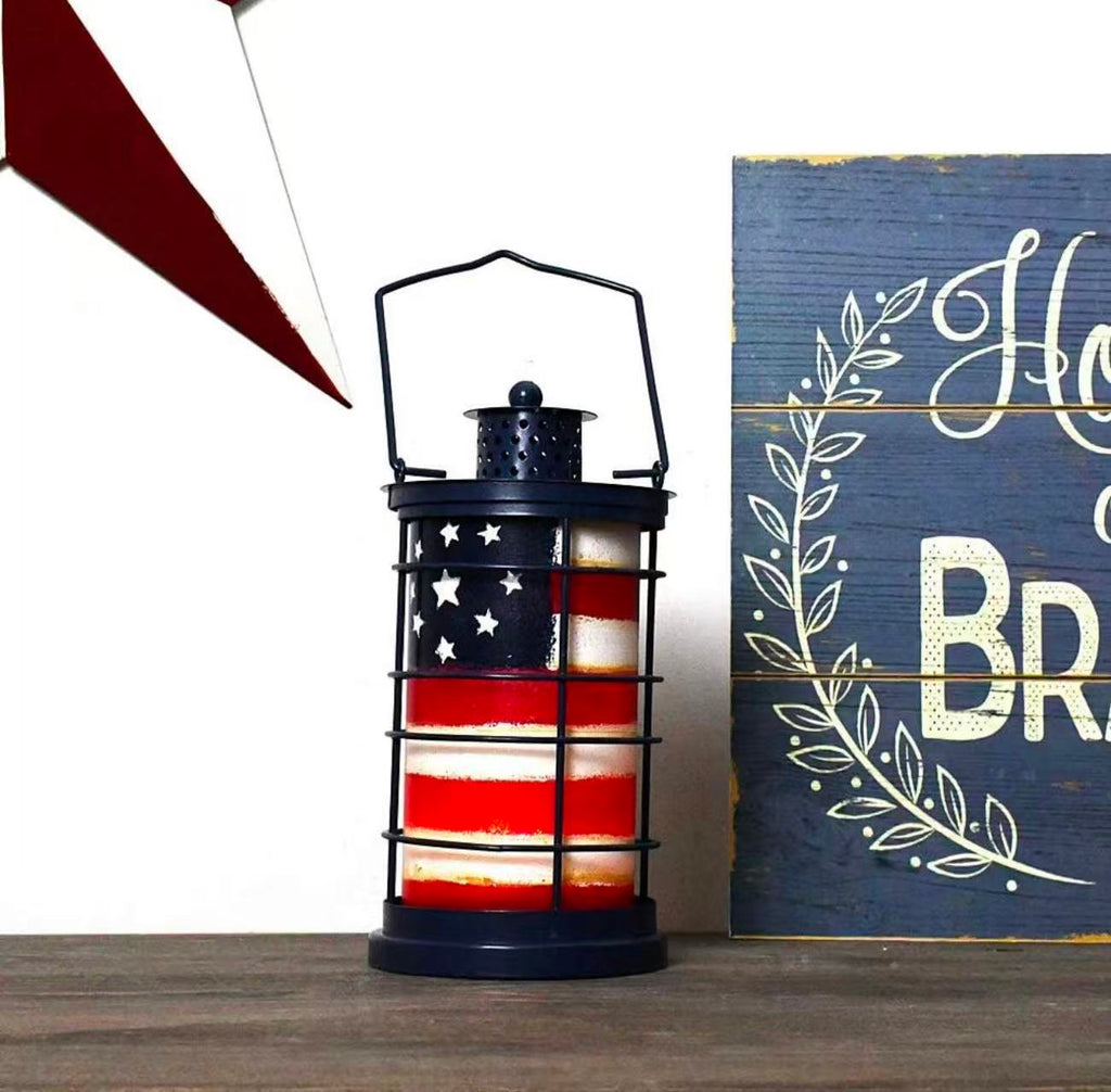 Patriotic Metal Candle Lantern – Rustic American Flag Decorative Hanging & Tabletop Holder
