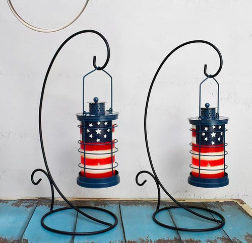 American Flag Metal Hanging Lantern – Patriotic Indoor/Outdoor Tabletop Candle Holder Item Package Quantity: 2