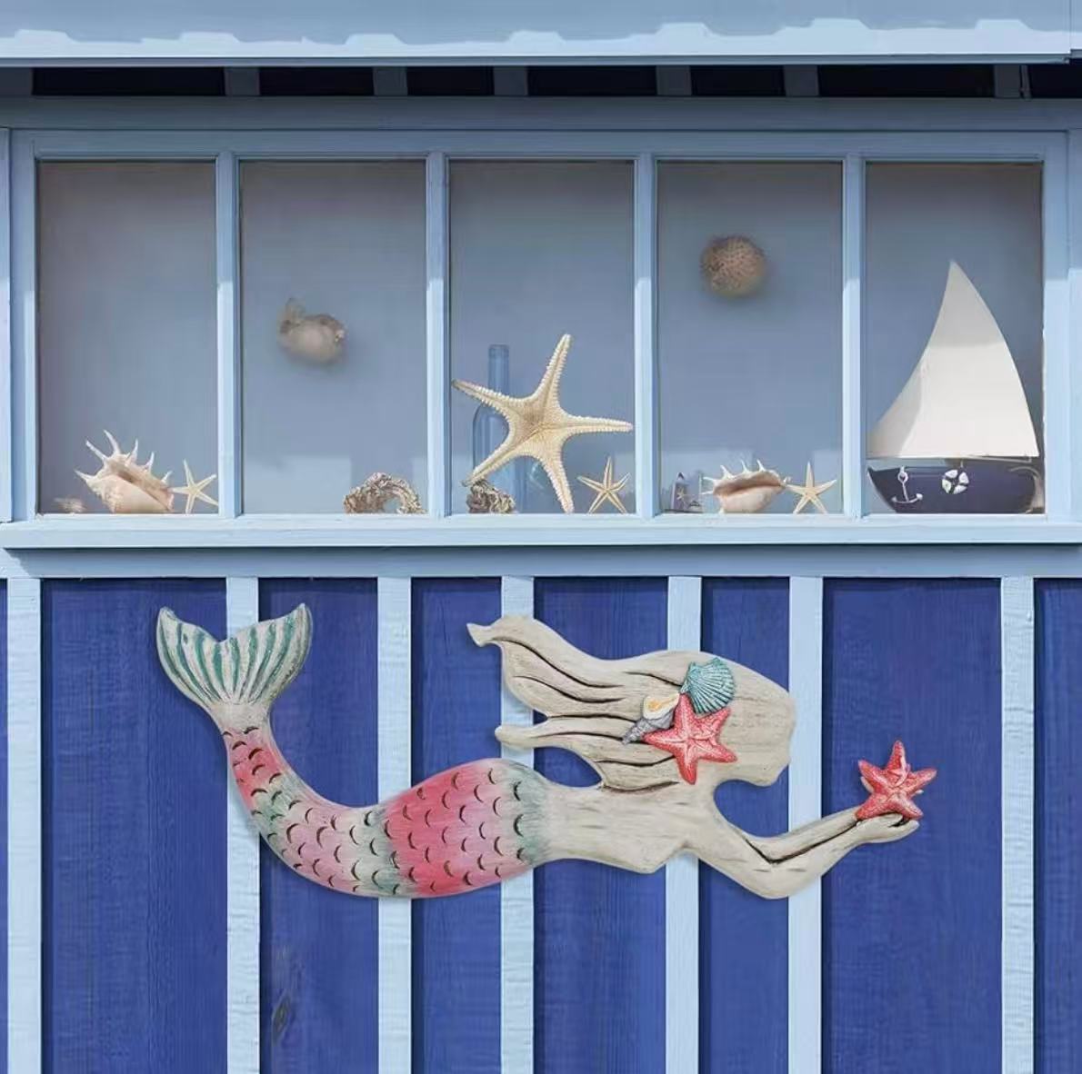 Wooden Mermaid Wall Decor – Nautical Ocean-Themed Beach Plaque Sculpture